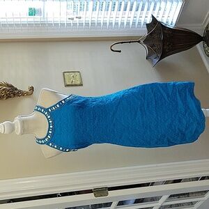 J HOWARD turquoise texture dress White Silverbead sleeveless Empire Waist 8 EUC